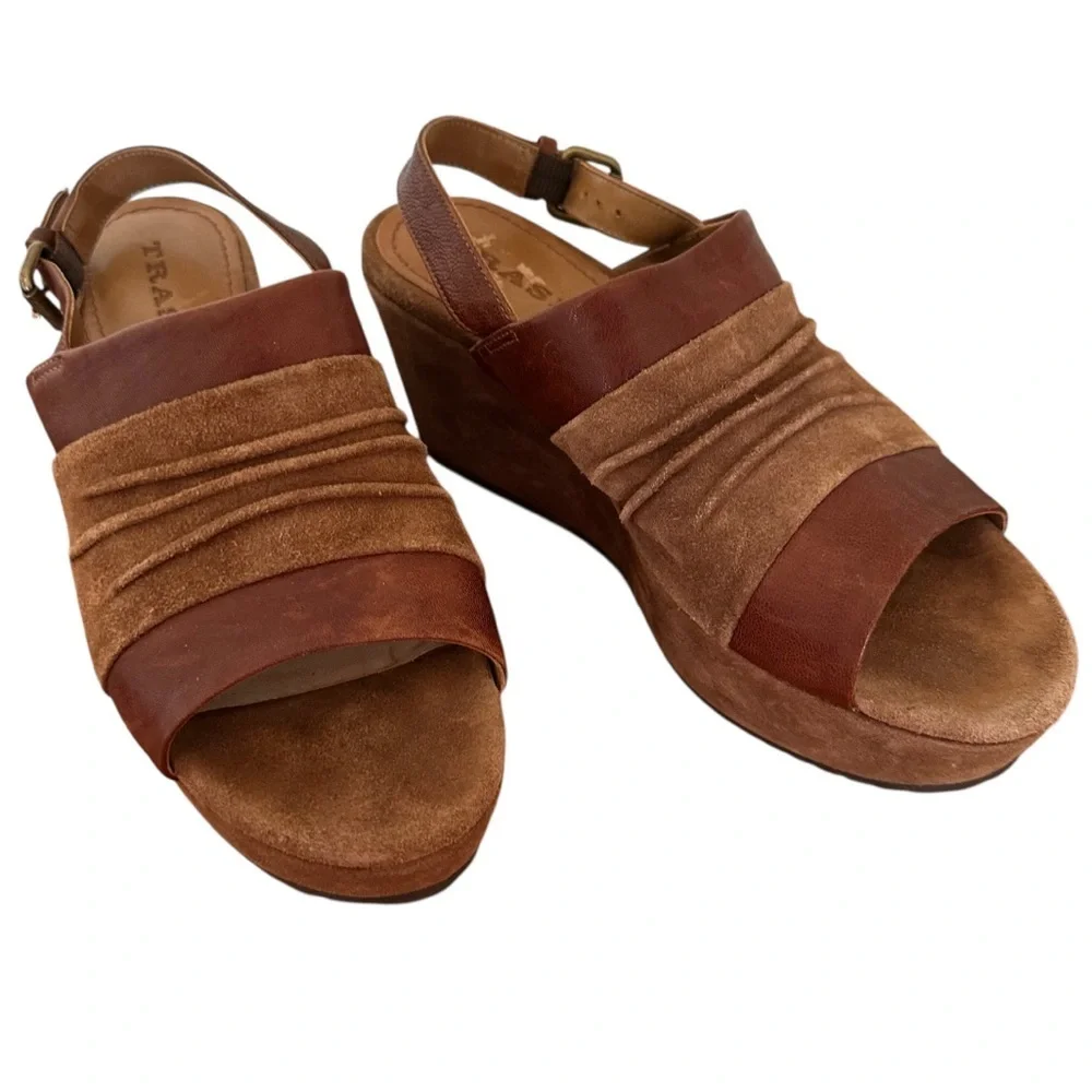 Trask Shari Suede Slingback Wedge Sandals Teak Brown Size 7